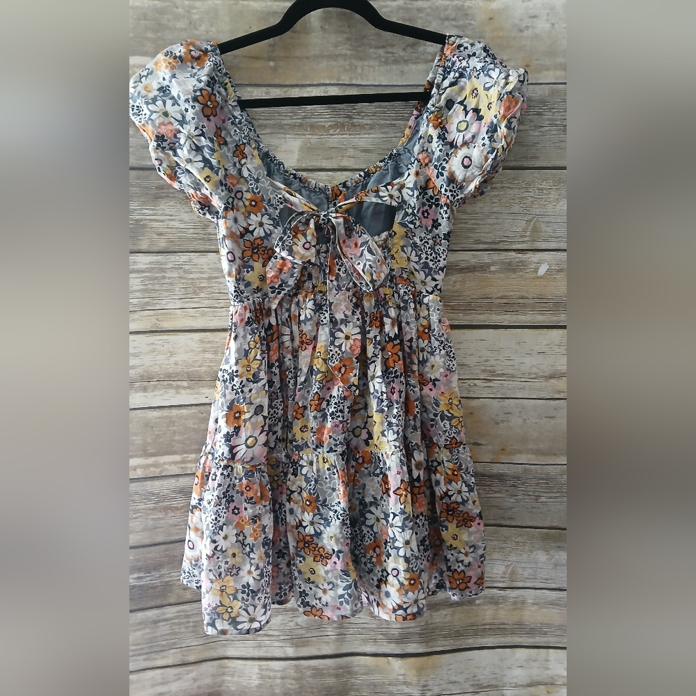 American Eagle Floral Dress with Puff Sleeves, Tie Back, Bow, XS